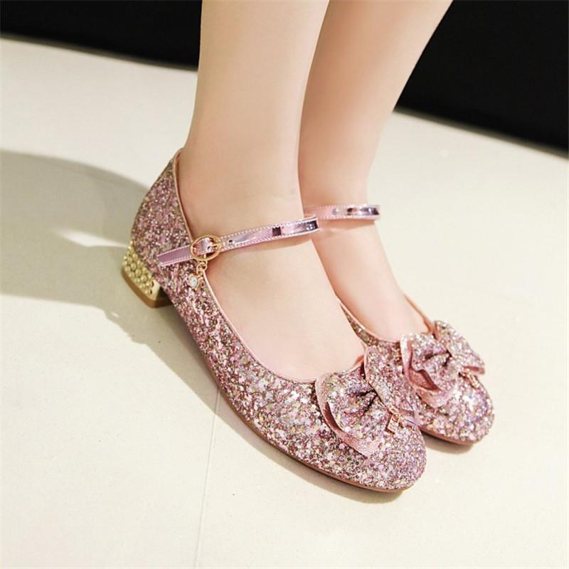 Dress Shoes PXELENA Sweet Lolita Girls Mary Janes Bling Sequined Glitter Bowknot Square Low Heels Wedding Bride Women Pumps Pink