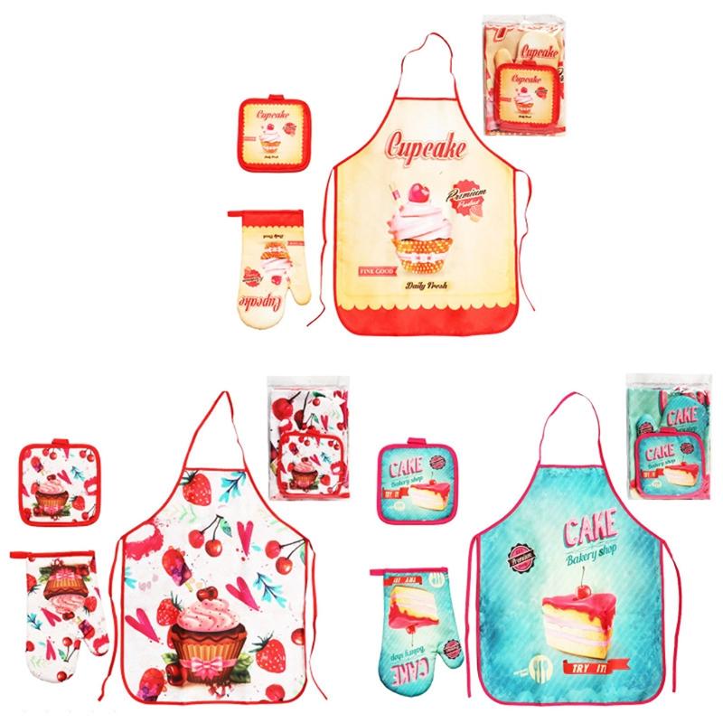 Oven Mitts 3pcs Apron Microwave Gloves Insulation Pad Set Women Kitchen Cooking Aprons H3CC