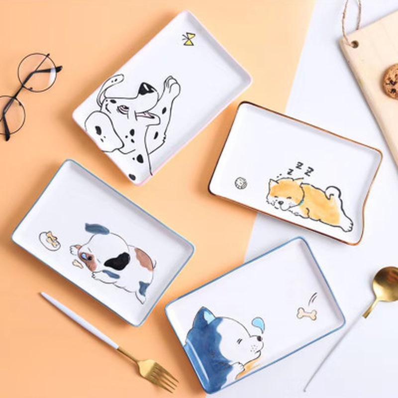 Dishes & Plates 22 * 14cm Korean Rectangular Cute Dog Series Ceramic Snack Plate Home Kitchen Storage Accessories Jewelry Dish