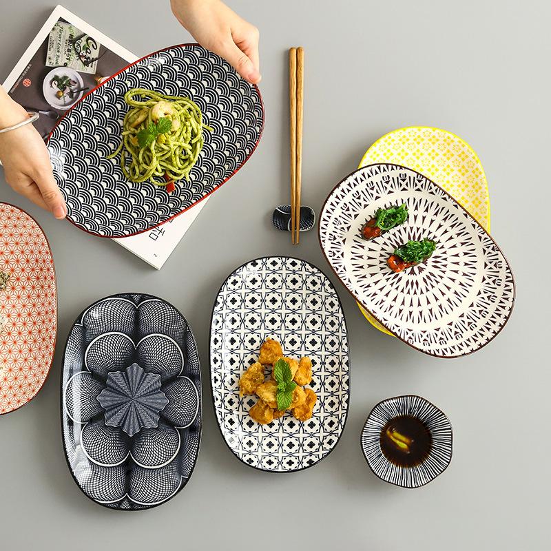 Dishes & Plates Household 10 Inch Dan Shaped Dinner Ceramic Underglaze Steak Snack Plate Kitchen Simple Oval Restaurant Fish Set