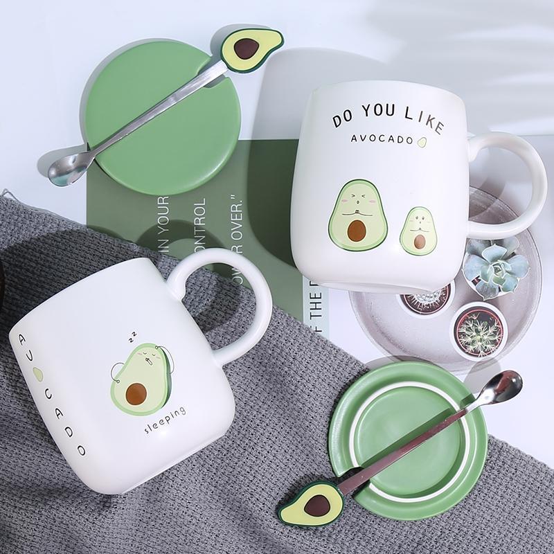 Mugs Coffee Cup Ceramic Creative Color Avocado Heat-resistant Mug Cartoon With Lid 450ml Kids Office Home Drinkware Gift
