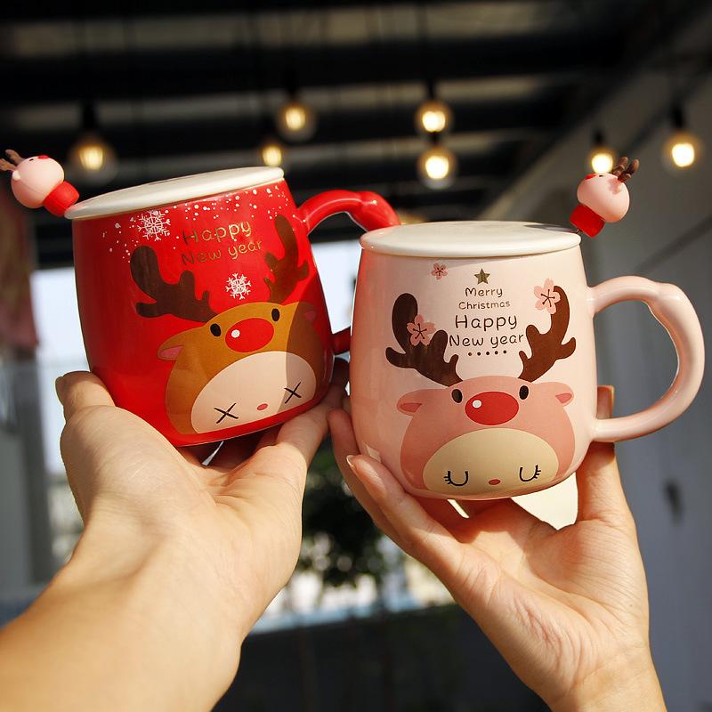 Mugs Ceramic Mug Creative Coffee Cup With Lid And Spoon Tea Milk Cups Child Christmas Elk Kids Gift Red Pink Couple WF