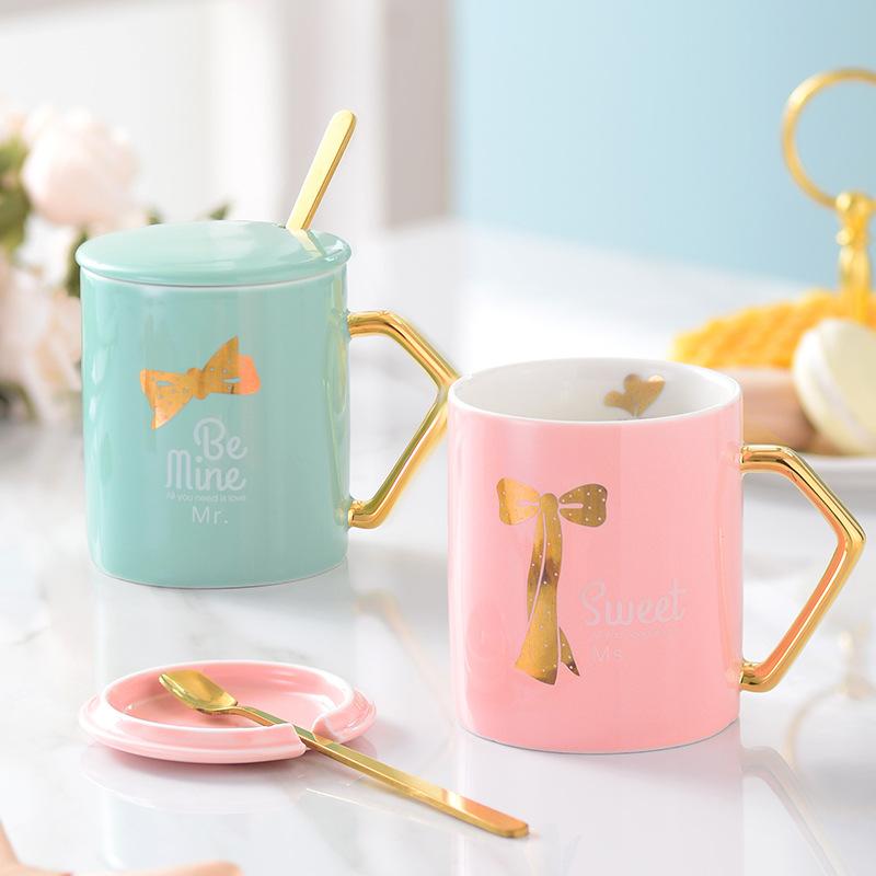 Mugs Gold Handle Ceramic Cup Bow Mug Lovely Holiday Gift Water Coffee With Lid