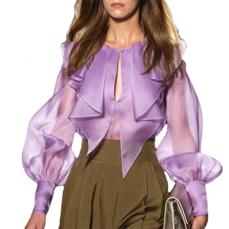 Women&#039;s Blouses & Shirts Women Purple Tops Long Lantern Steeves Office Ladies See Through Fashion Clothes Party Birthday Blouse N