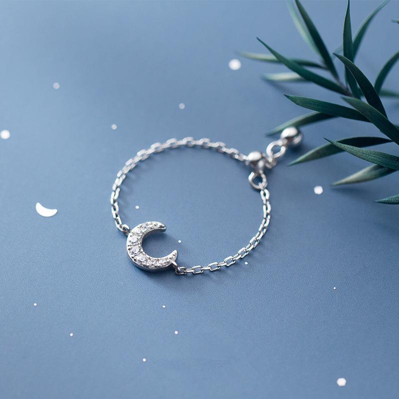 Cluster Rings S925 Sterling Silver Zircons Moon Chain Ring Fine Jewelry For Women Girl Gifts Accessories Adjustable Finger