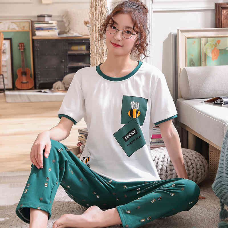 Women&#039;s Sleepwear Pajamas Women Set Plus size Loose Pyjama Cotton Short sleeve Long Pants Cartoon Female Homewear Pijama Nightsuit