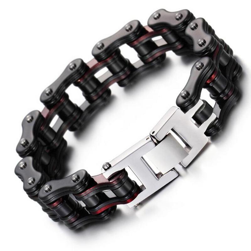 Link, Chain 16MM Wide Heavy Solid Black Stainless Steel Bike Bracelet Men Red Bicycle Motorcycle Men&#039;s Bracelets Punk Rock Jewelry