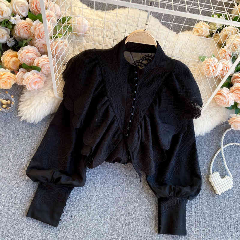 Women&#039;s Blouses & Shirts Runway New Fashion Autumn Ruffles White Shirt Top Women Embroidery Stand Collar Lace Patchwork Chiffon Fe