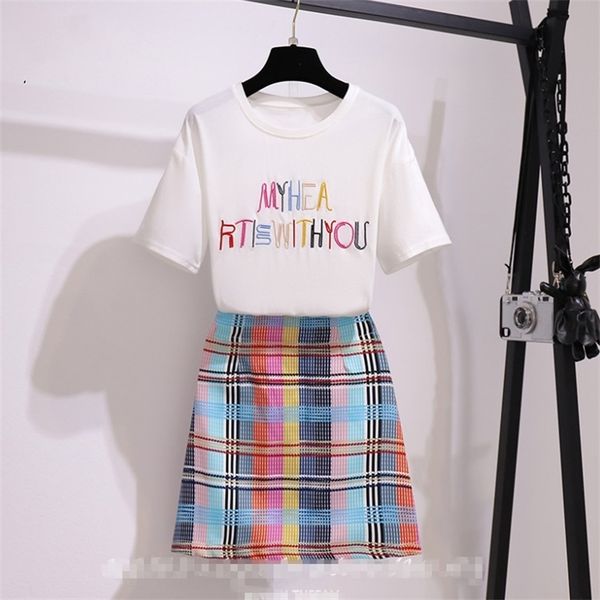 Korean Summer Women 2 Piece Set Casual White Letter Embroidery T-Shirt Top + Plaid A-Line Mini Skirts Suit Female 210519