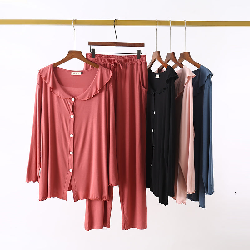 Women&#039;s Sleepwear Modal Spring Autumn Long Sleeve Womans Lounge Sets Nigth Wear Pijamas Family Pink-Black 2 PCS Sleeping Clothes N