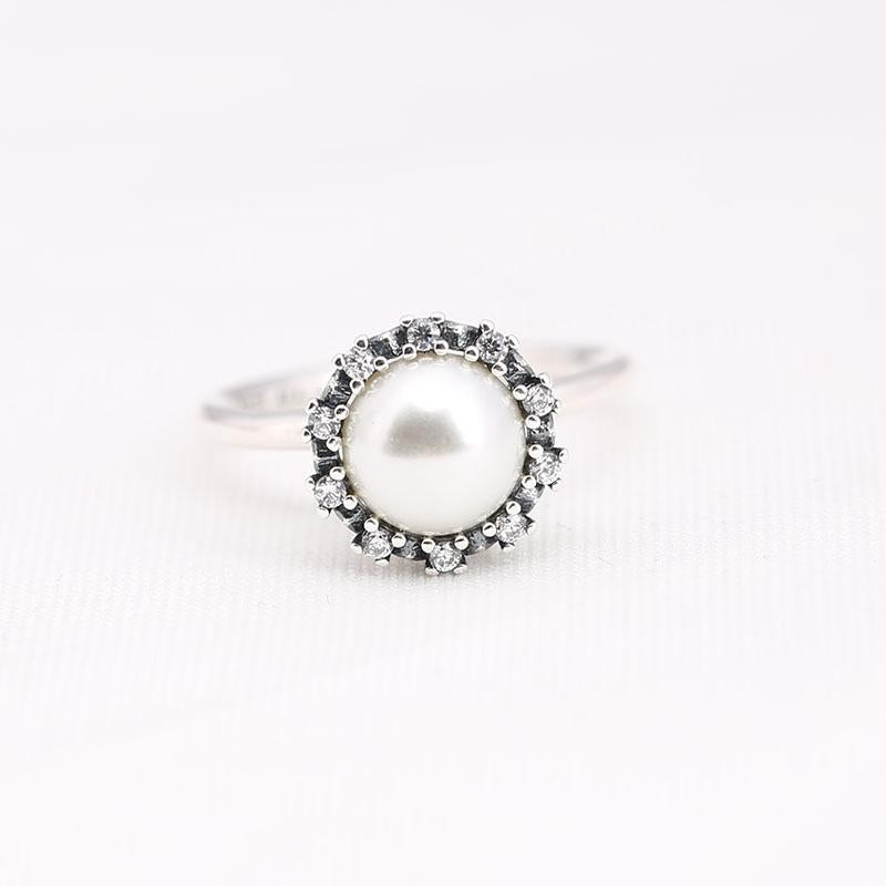Cluster Rings Genuine 925 Sterling Silver Everlasting Grace White Pearl CZ Ring Compatible For Women Engagement Wedding Gift Europe Jewelry