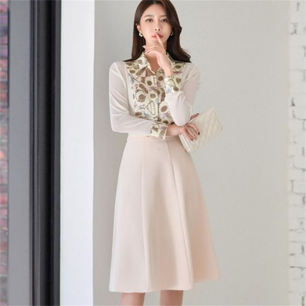 Spring 2 Piece Set Ladies Elegant Office OL printing Long Sleeve Chiffon Shirts + High Waist A-Line Midi Skirts Suits 210519