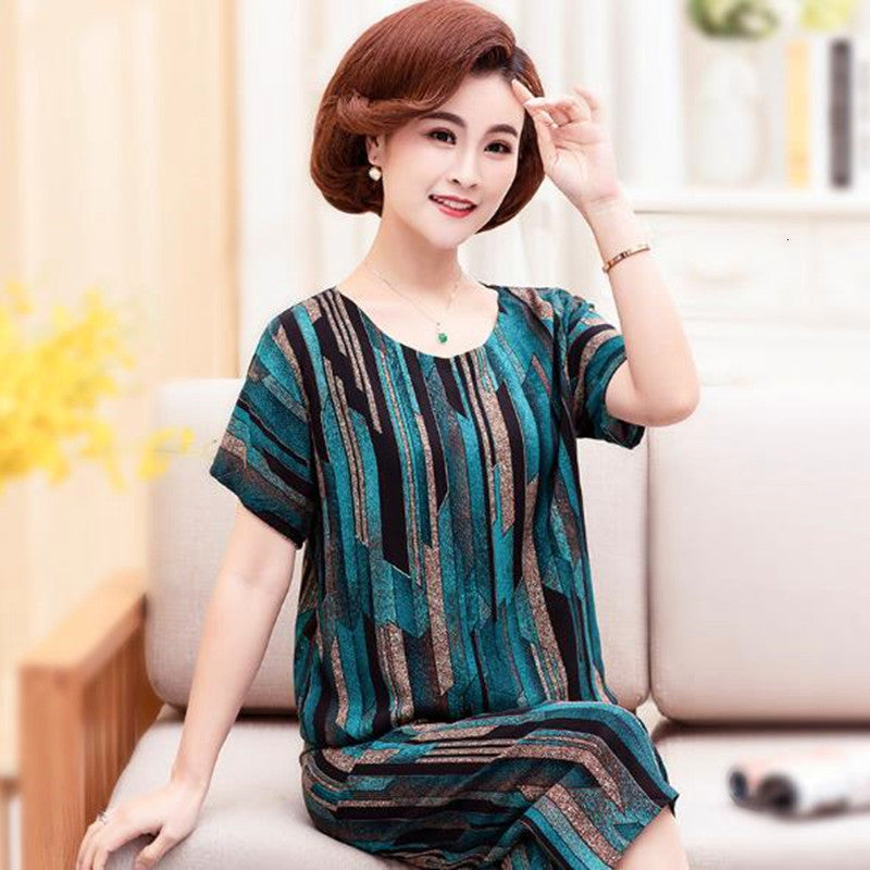 Women&#039;s Sleepwear Summer pajamas women cotton short sleeve sleepwear set large size middle-aged mother home clothes two-piece pyja