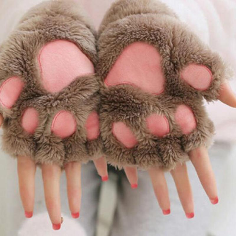 Five Fingers Gloves Women Cute Cat Claw Plush Mittens Warm Soft Short Fingerless Fluffy Bear Costume Half Finger Party Gift