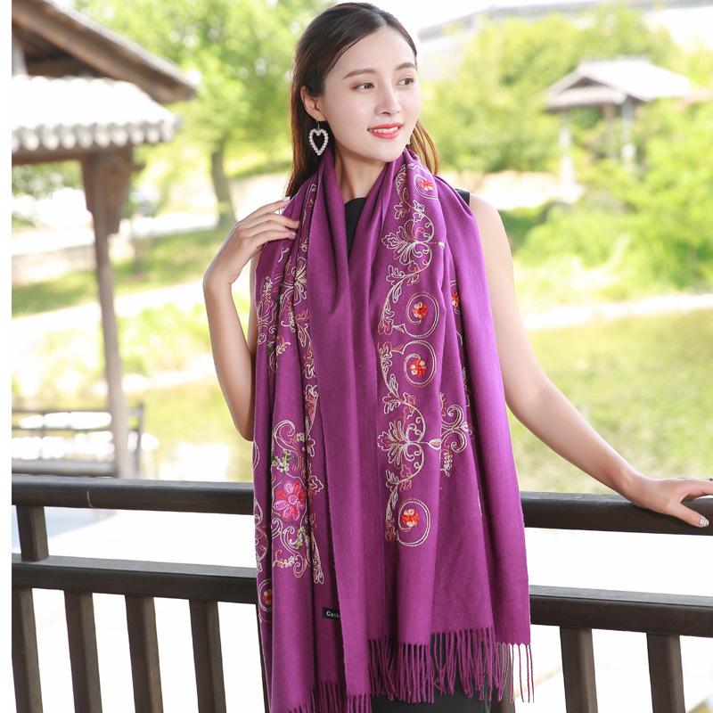 Scarves Purple Embroidery Flower Shawl Women Warm Autumn Winter Fashion Female Large Tassel Scarf