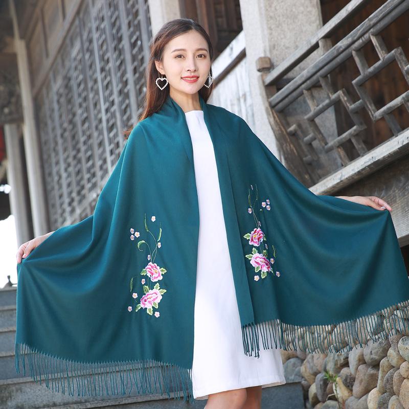 Scarves Dark Green Embroidery Flower Shawl Women Warm Autumn Winter Fashion Female Large Tassel Scarf