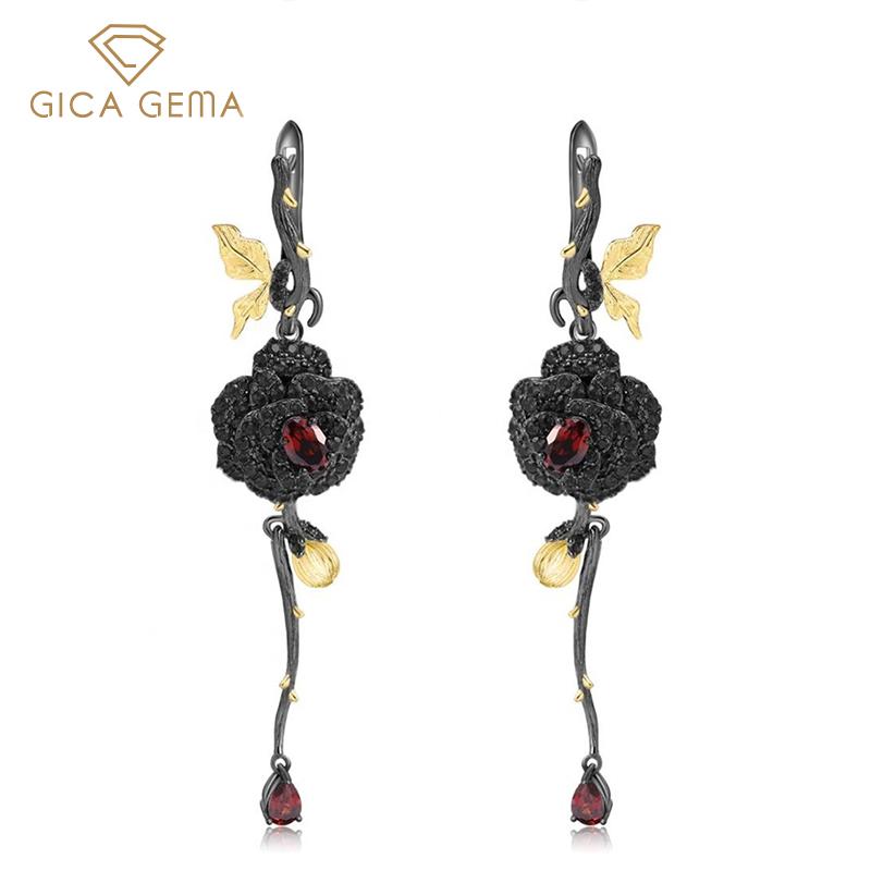 Dangle & Chandelier GICA GEMA Garnet Earring 925 Sterling Silver Black Rose Flower Unusual Earrings Women Jewelry Party Gifts