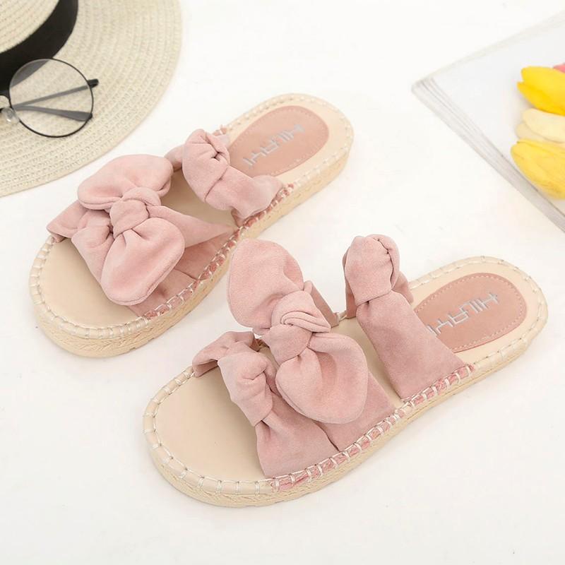 Slippers 2021 Women Flax Summer Casual Slides Beach Shoes Ladies Indoor Home Linen Floral Bow-knot Flip Flops