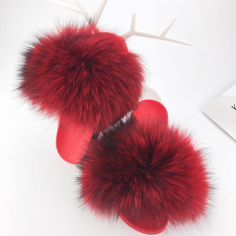 Slippers Real Red Raccoon Fur Women 2021 Slides Hair Flat Fluffy Fashion Home Summer Big Size Natural Furry Flip Flops Shoes