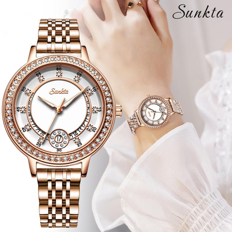 Wristwatches Zegarek Damski SUNTKA Luxury Women Watches Diamond Stainless Steel Bracelet Watch Fashion Waterproof Quartz Gift+Box