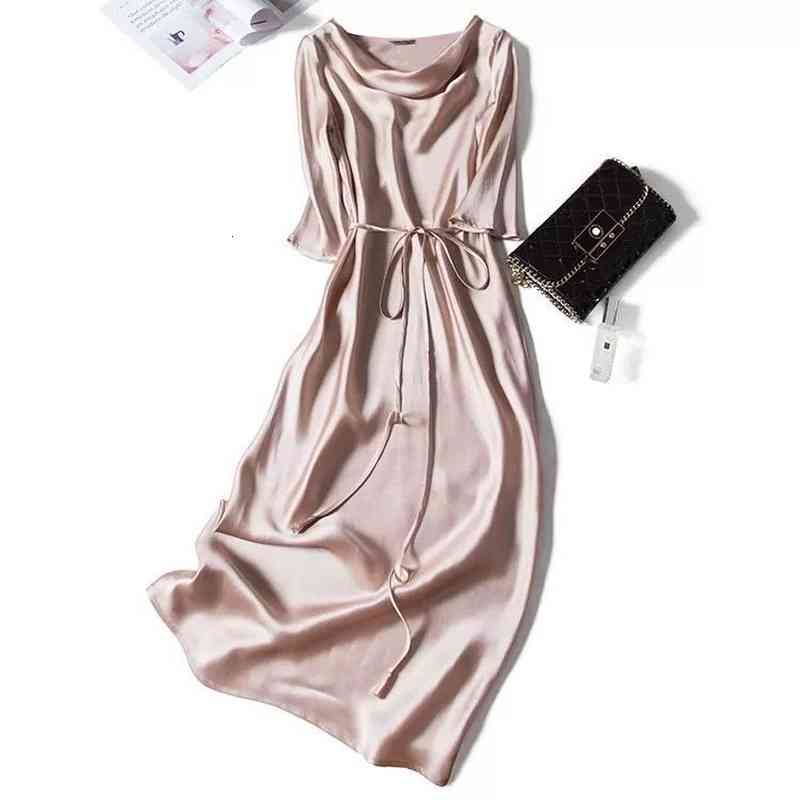 Casual Dresses Champagne swing for Women French Style Midi Dress Female Acetate Summer &#039;s Formal Elegant 8NSE