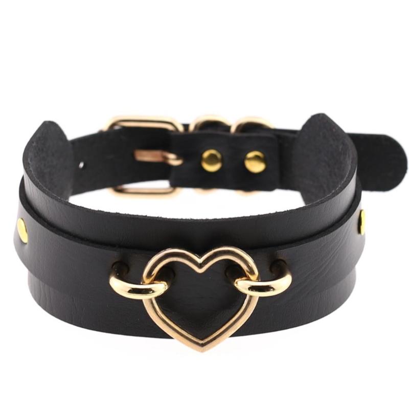 Chokers Women Men Cool Handmade Oversized Fetish Heart Metal Gold PU Leather Collar Bondage Harness Chocker Statement Necklaces