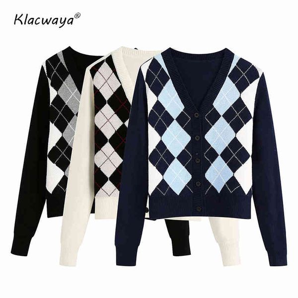 Women Cardigan Vintage Sweet Short Knitted Sweater Geometric Pattern Long Sleeve England Style Female Outerwear Chic Tops 210521