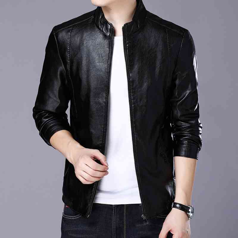 Men&#039;s & Fur Male Comfortable Biker Faux Jacket Black Brown Jaqueta Masculina Couro Outerwear Mandarin Collar Casual Leather Coat Men