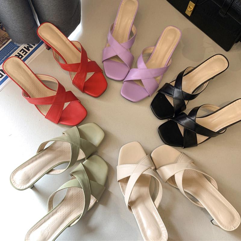 Slippers 2021 Summer Shoes Woman High Heels Cross-tied Band Modern Slipper Candy Color Slides Female Zapatos Mujer 9163C