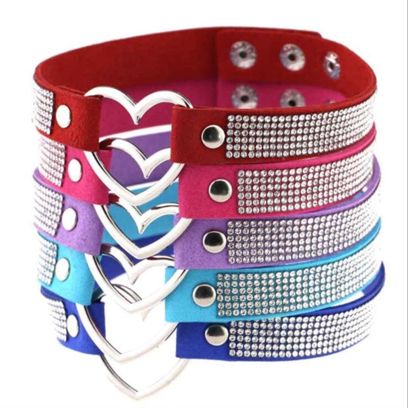 Chokers 2021 Fashion Rhinestone Harajuku Punk Gothic Matte Leather Heart Choker Snap Button Collar Necklace Handcrafted