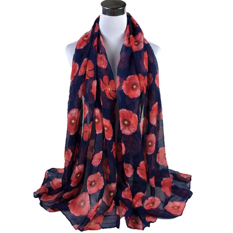 Scarves Red Poppy Print Long Scarf Flower Beach Wrap Ladies Shawl Women Foulard Femme Poncho Feminino Inverno