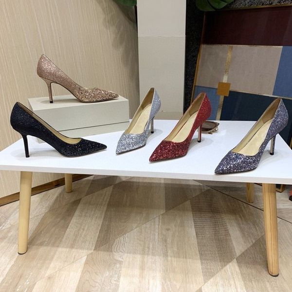 2021 fashion high heels for women party wedding triple black nude yellow pink glitter spikes Pointed peep Toes Pumps Dress shoes