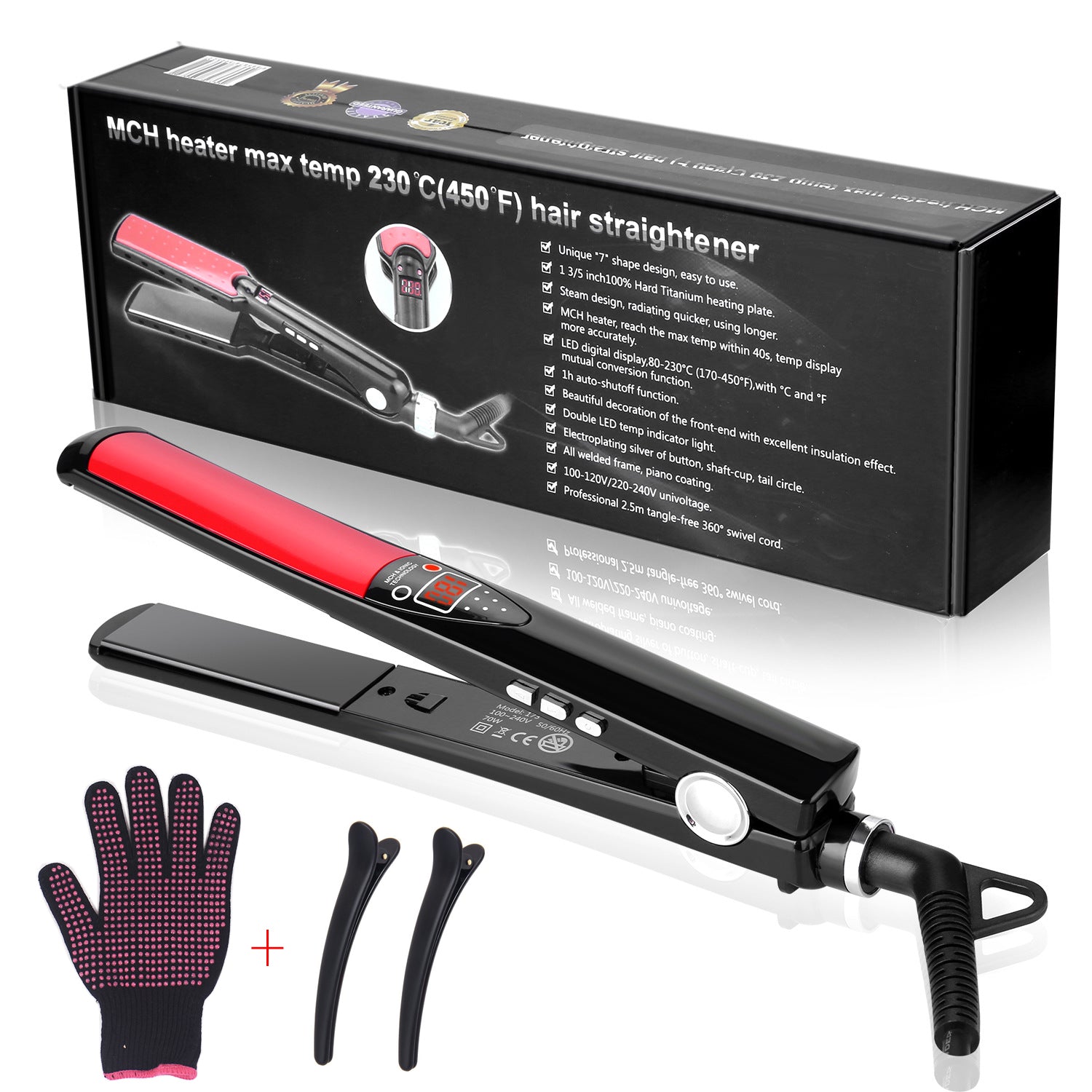 Hair Salon Equipment LCD Display Dual Voltage Flat Iron Hair Straightener Black Nano Ceramic