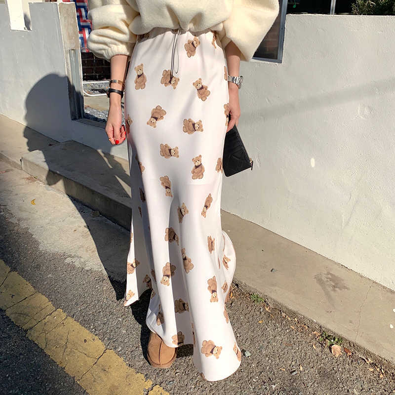 Skirts Cartoon Bear Summer Mermaid Dress Women High Waist Long Vintage Elegant Office Lady Korean Stretch Causal Skirt Z361 N765