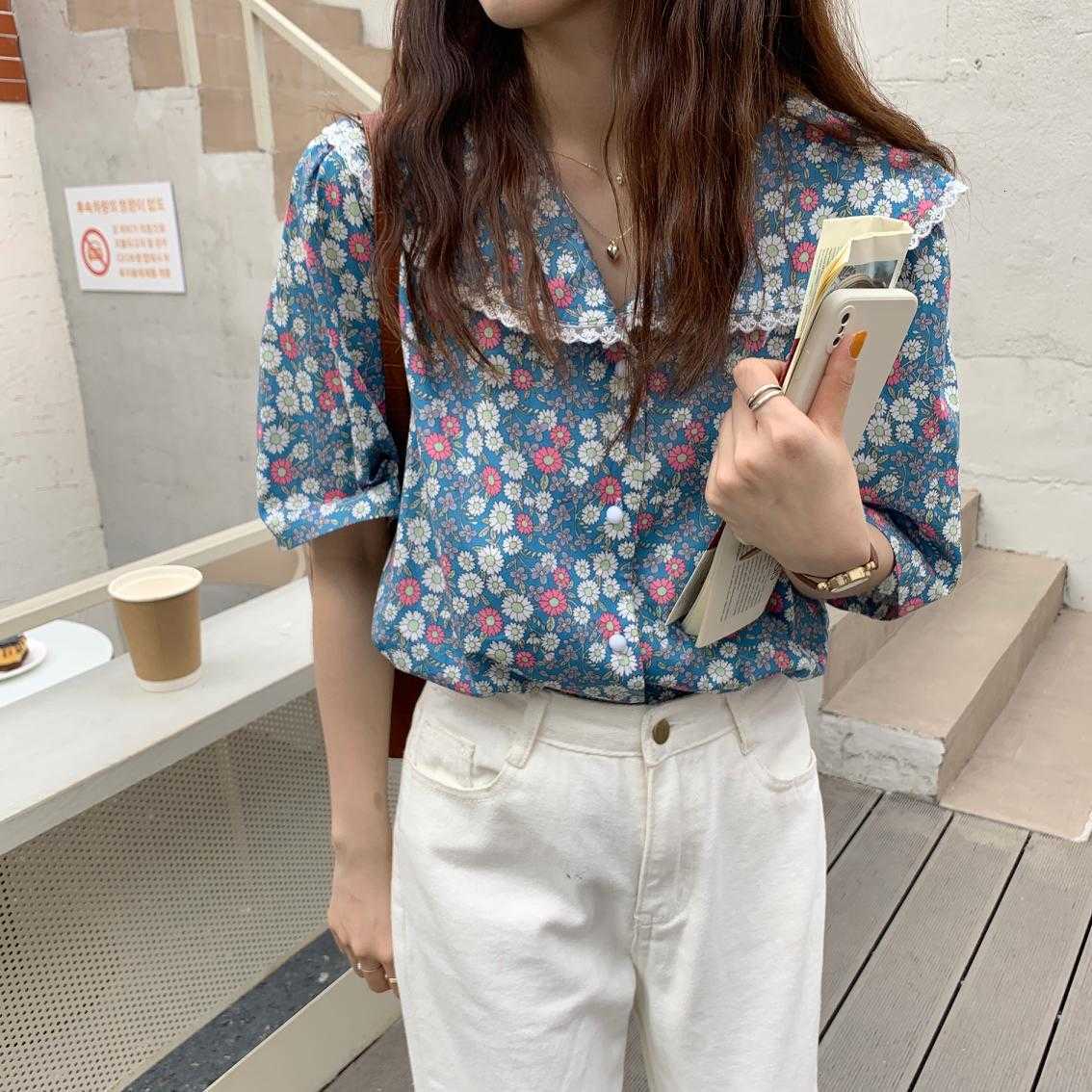 Women&#039;s Blouses & Shirts Floral Summer Blouse Women Korean Peter Pan Collar Short Sleeve Vintage Boho Tops Loose Kawaii Streetwear