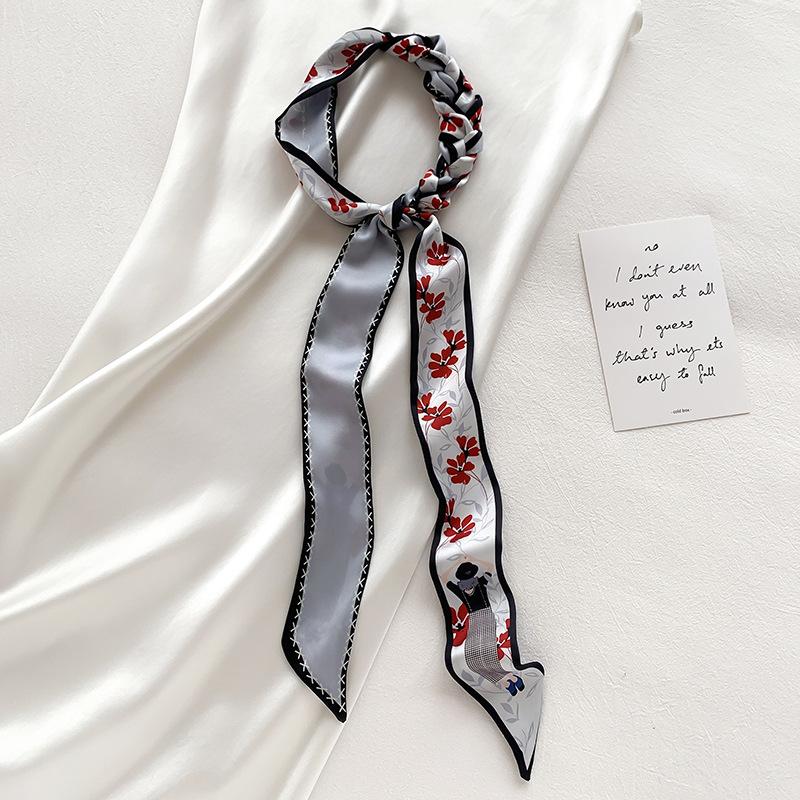 Scarves Elegant Floral Scarf Silk Skinny Long Neck Hairband Ribbon Handle Bag Hat Accessories Foulard Soft Neckerchief