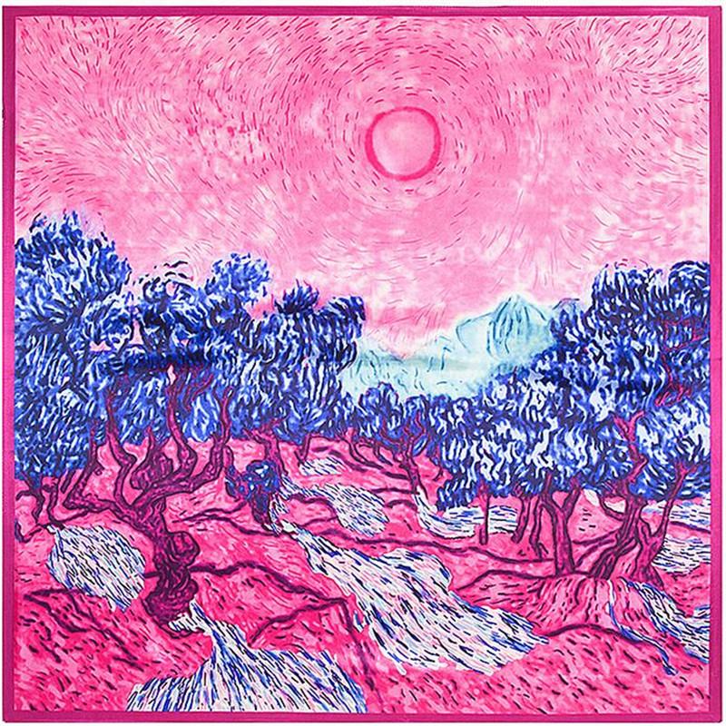 Scarves 90x90cm Spring Landscape Oil Painting Imitation Silk Scarf Women NeckerChief Bandana Large Square Office Lady Gift
