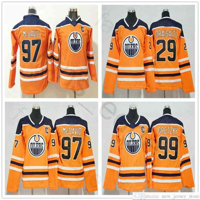 96 New Season Edmonton Oilers Jerseys 29 Leon Draisaitl 97 McDavid 99 Wayne Gretzky Ice Hockey Men Women Kids Youth Orange Jersey