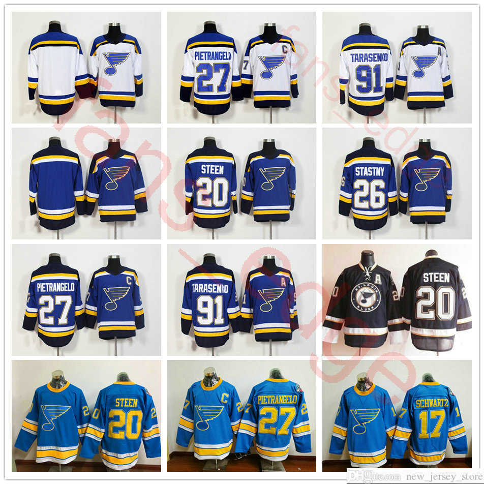 New Style St. Louis Blues Hockey 27 Alex Pietrangelo 17 Jaden Schwartz 20 Alexander Steen 10 Brayden Schen 91 Vladimir Jersey