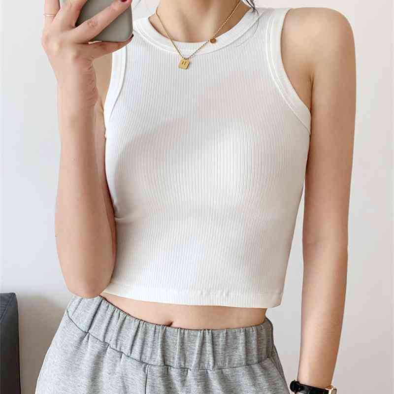 Women&#039;s Tanks & Camis Fashion Screw Thread Solid Short Tank Tops Summer 2021 Arrival Sleeveless Basic Crop Top Women VEQU