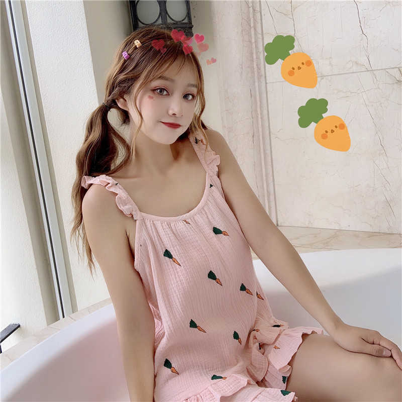 Women&#039;s Sleepwear Summer Sleep Tops And Shorts Sets For Women Korean Kawaii Soft Girls Carrot Print Frilly Pijamas Set Cotton cami