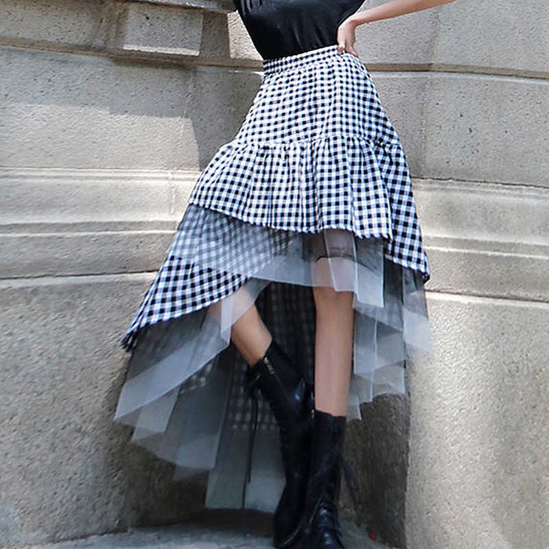 Skirts Asymmetrical High Low Design Long Plaid For Women Spring Summer Gothic Harajuku Waisted Mesh Patchwork Ruffle Skirt C3Q9
