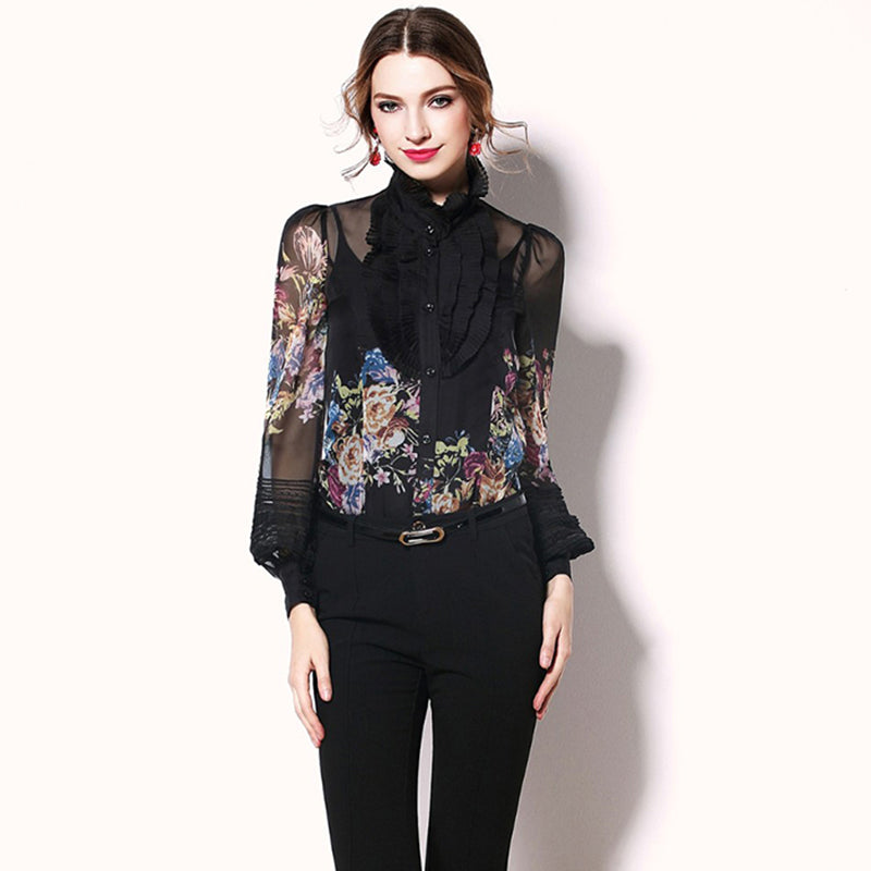 Women&#039;s Blouses Fashionable Autumn Printed Slim Style Lantern sleeve Stylish Half Tasparent 2142