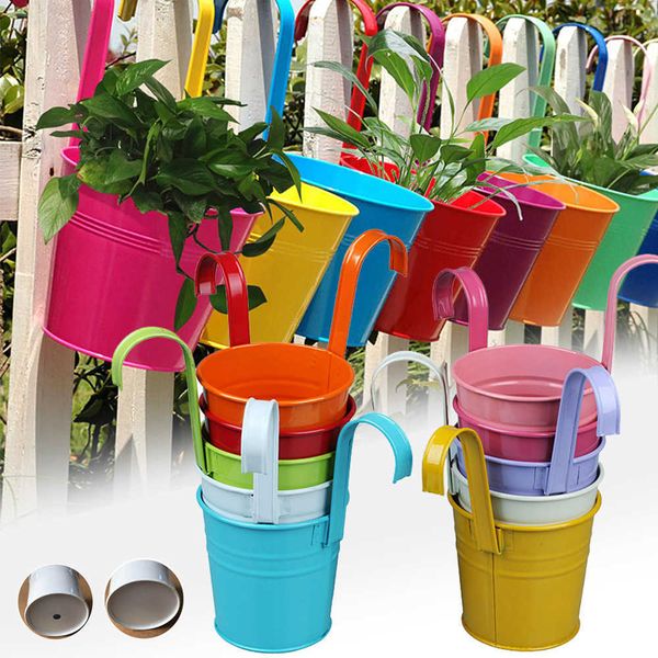 10pcs Wall Hanging Flower Pots Metal Fence Hanging Plant Pots Iron Garden Planter Pots Tin Bucket Holder Basket Home Garden 210724