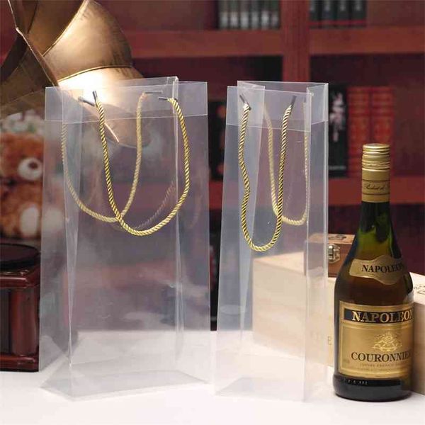 Clear Transparent Bags Wine Packing Bag 13&quot; Champange Three-ply Twine PP Rope Juice Gift Bottle Jar Xmas Bags 210724
