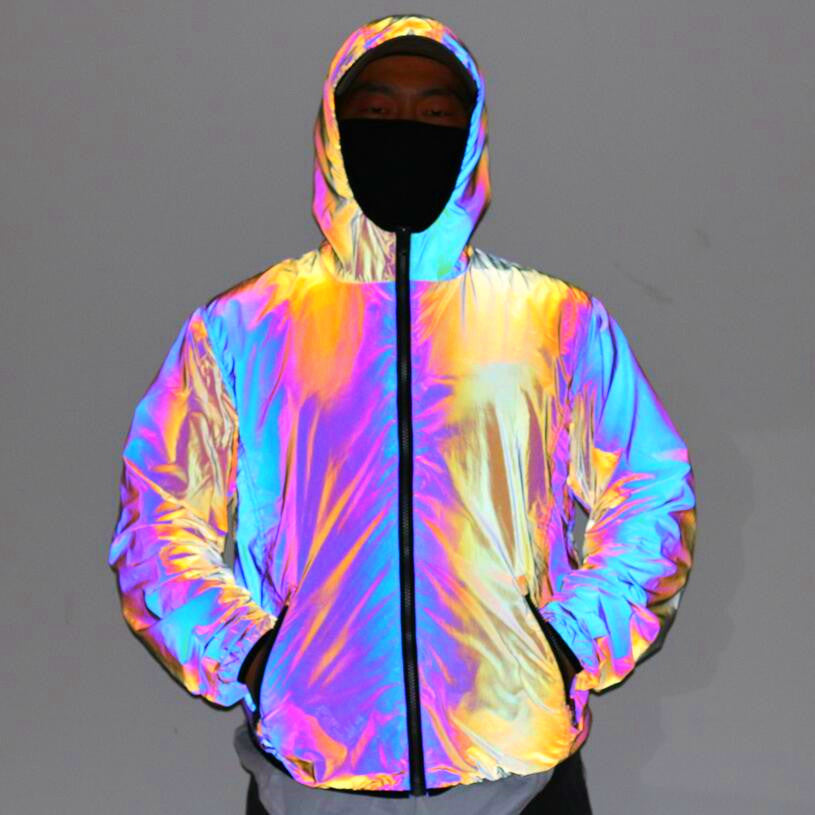 High light stock men&#039;s winter jacket hooded streetwears rainbow color reflective cotton filled bubble puffer jackets coat garment