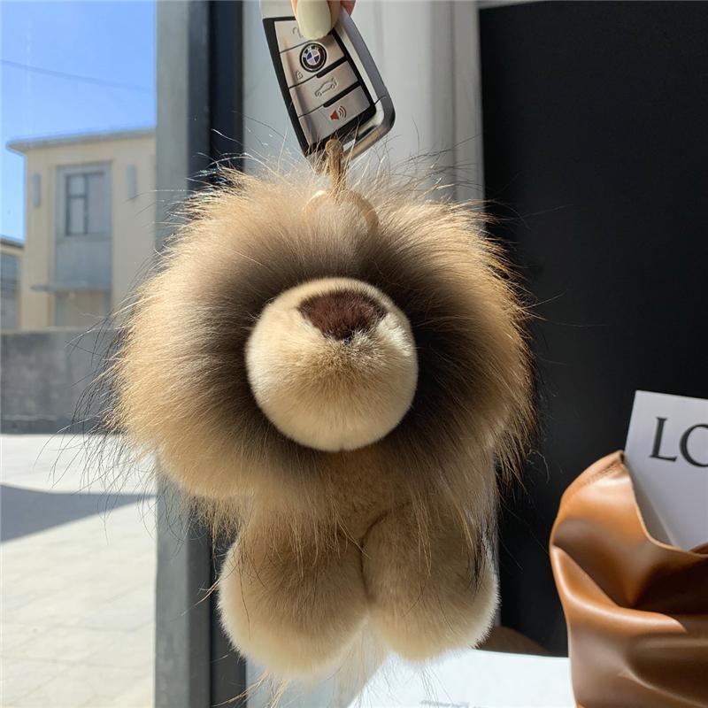 Keychains Cute Lion Real Rex Fur Keychain Plush Toys Trinkets Women Bag Ornaments Pendant Car Keyring Rearview Mirror Decoration