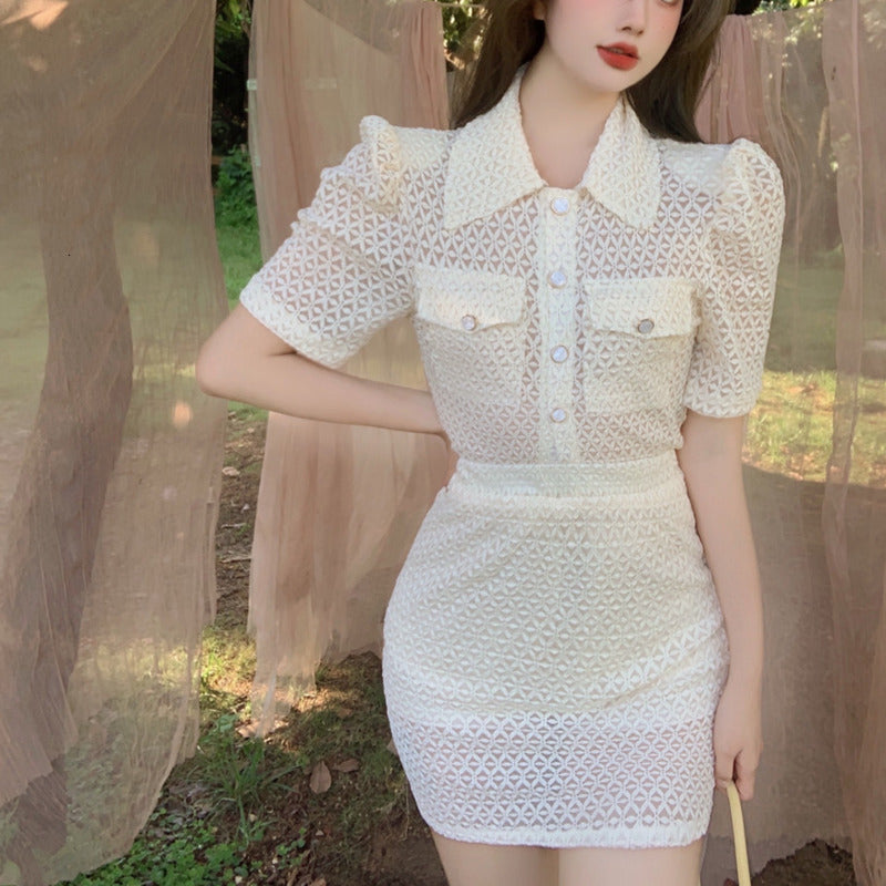 Two Piece Dress Summer Korean Chic Sweet 2 Set Women Crop Top Short Sleeve Shirt Blouse + Sheath Bodycon Skirts Suits Casual EZN2