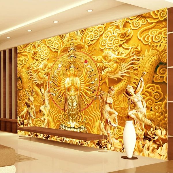 Custom Photo Walls 3D Stereoscopic Golden Statue Hotel Hall Living Room Wall Art Mural Wallpapers Home Decor