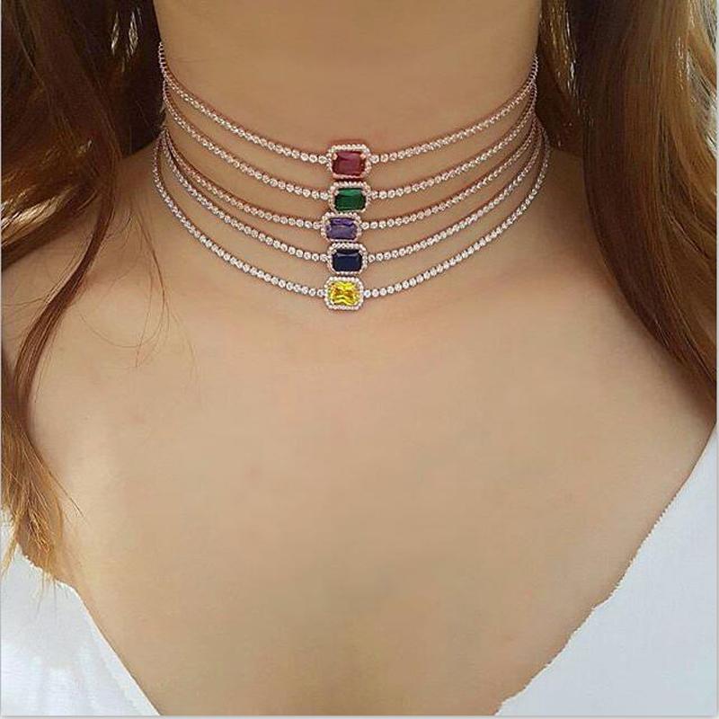Pendant Necklaces 2021 Rainbow Birthstone Cz Engagement Choker Necklace Tennis Chain Gorgeous Dainty Fashion Women Lady Elegance Gold Color